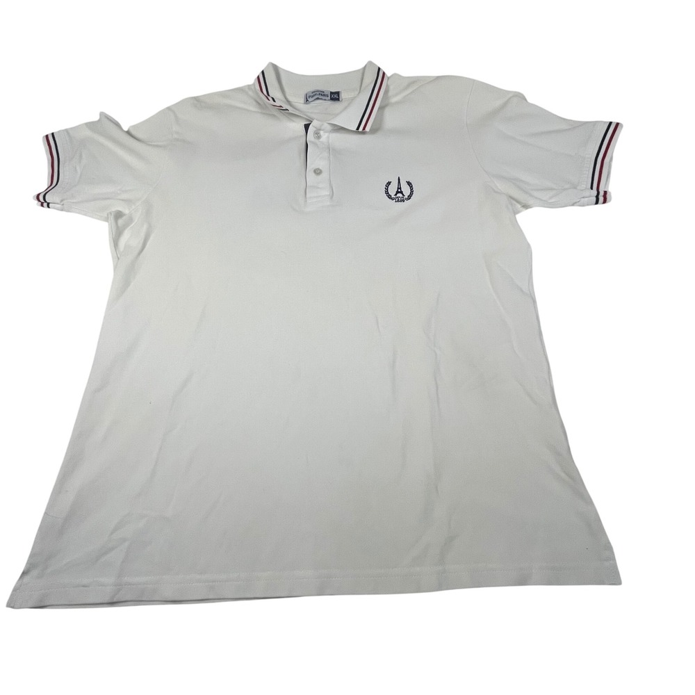 Yacht Club Paris France White Graphic Polo Shirt Short Sleeve Striped Trim Mens